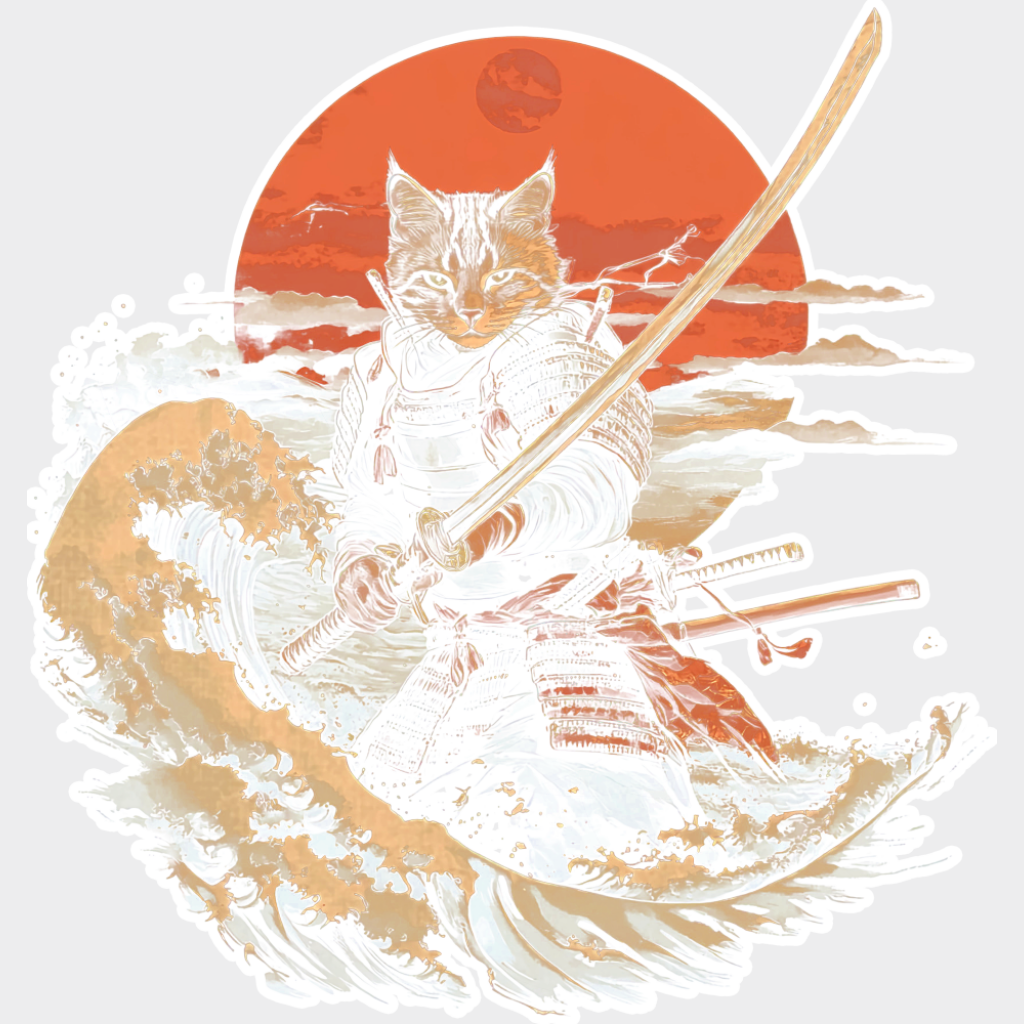 Samurai Cat & Kanagawa Wave - Cats DTF Transfer Adult Unisex - S & M (10’’) / Light Color Design (See Imaging)