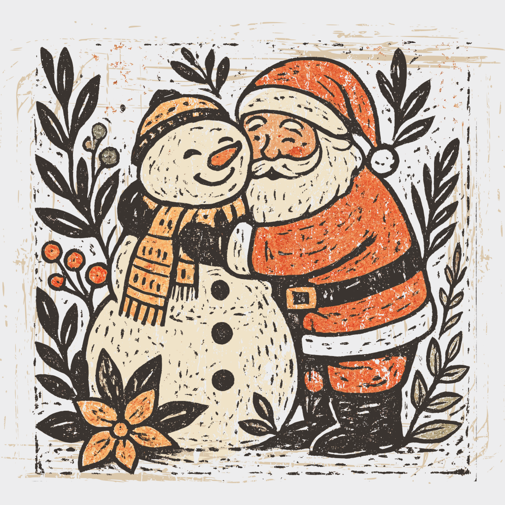 Santa And Snowman Hugging - Christmas DTF Transfer Adult Unisex - S & M (10’’) / Light Color Design (See Imaging)