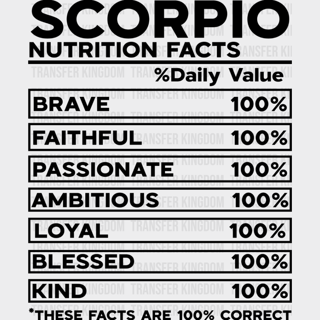 Scorpio Nutrition Facts - Zodiac & Horoscopes Dtf Heat Transfer Unisex S M (10’’) / Dark Color