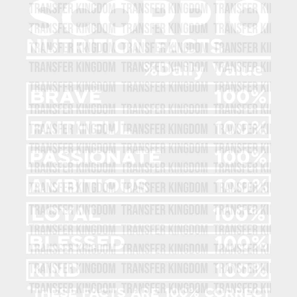 Scorpio Nutrition Facts - Zodiac & Horoscopes Dtf Heat Transfer Unisex S M (10’’) / Light Color