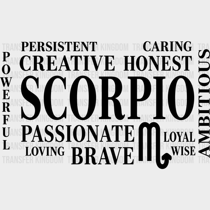 Scorpio Qualities, B&W, Horizontal - Zodiacs & Horoscopes DTF Transfers