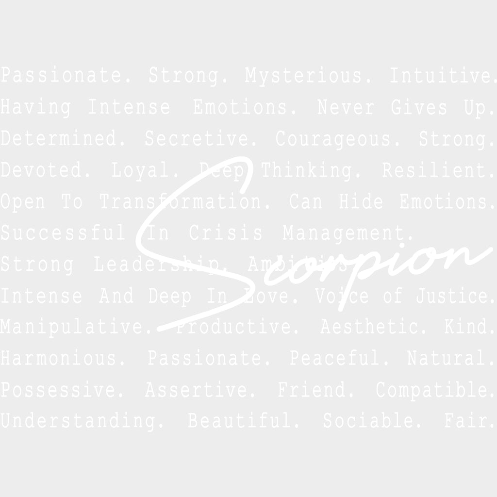 Scorpion B&W - Zodiacs & Horoscopes DTF Transfers - Adult Unisex - S & M (10’’) / Light Color Design (See Imaging)