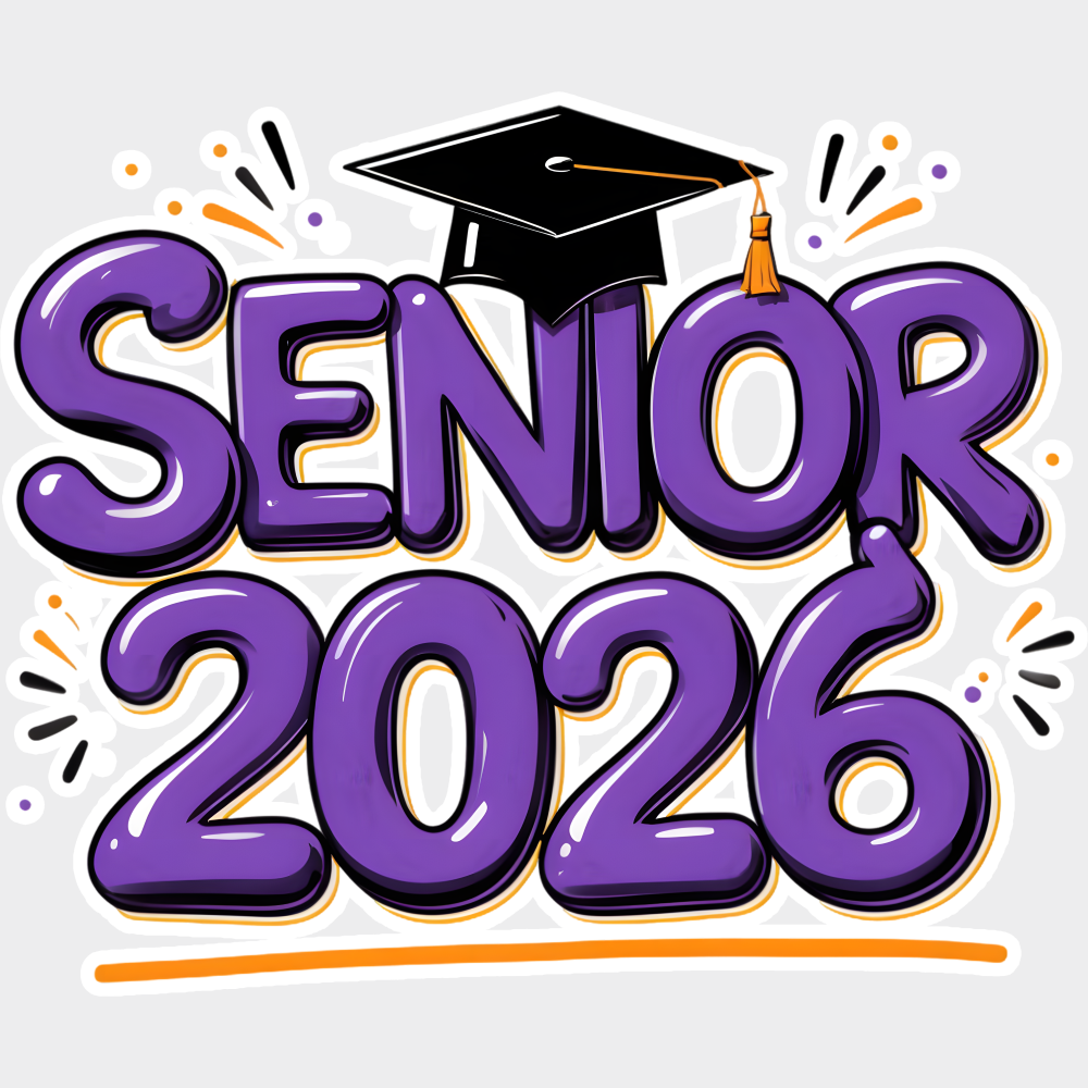 Senior 2026 Purple & Orange - Graduation DTF Transfer Adult Unisex - S & M (10’’) / Light Color Design (See Imaging)