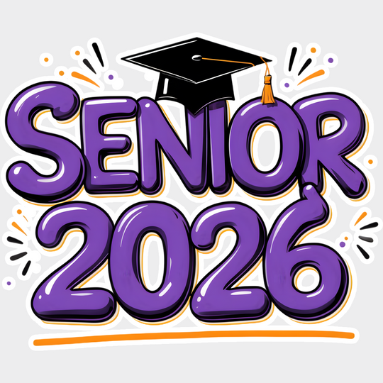 Senior 2026 Purple & Orange - Graduation DTF Transfer Adult Unisex - S & M (10’’) / Light Color Design (See Imaging)