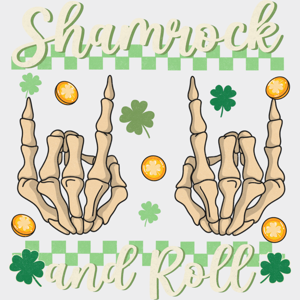 Shamrock And Roll Skeleton Design - St. Patrick’s Day DTF Transfer Adult Unisex - S & M (10’’) / Light Color Design