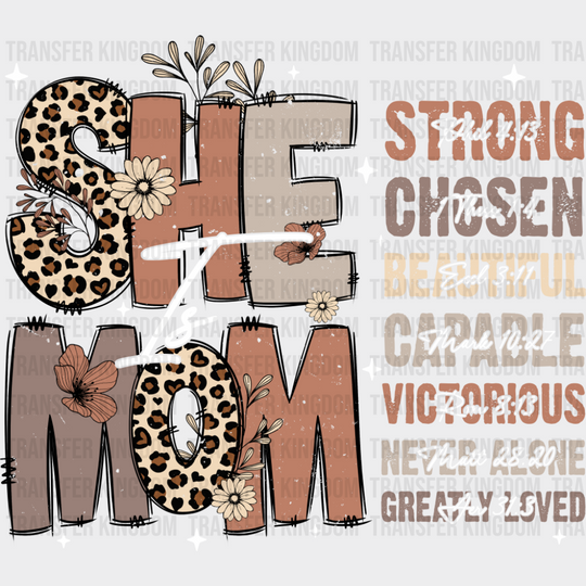 She Is Mom Cheetah Print - Mother’s Day DTF Transfer Adult Unisex - S & M (10’’) / Dark Color Design (See Imaging)
