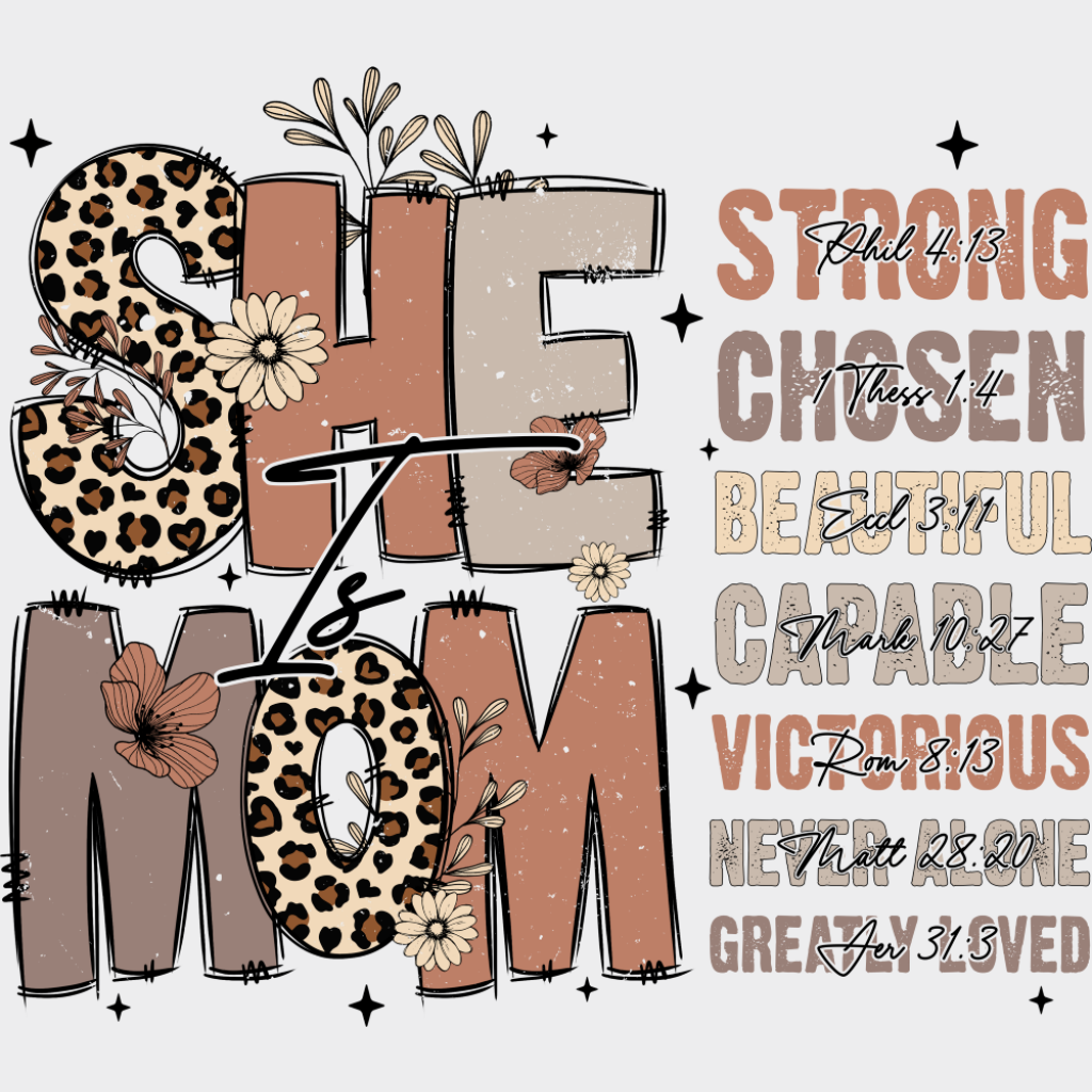 She Is Mom Cheetah Print - Mother’s Day DTF Transfer Adult Unisex - S & M (10’’) / Light Color Design (See Imaging)