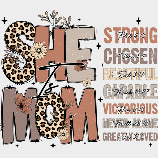 She Is Mom Cheetah Print - Mother’s Day DTF Transfer Adult Unisex - S & M (10’’) / Light Color Design (See Imaging)
