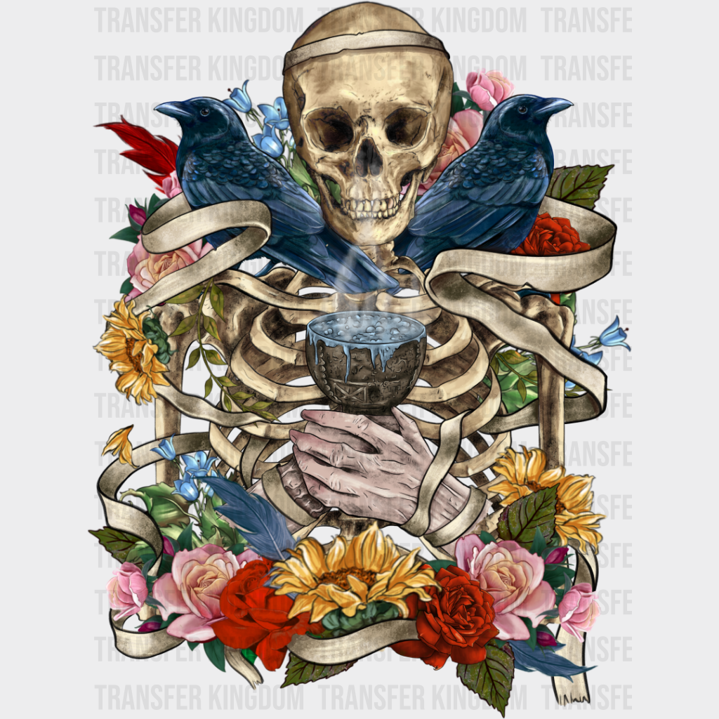 Skeleton Crows Flowers Design - Iron On Dtf Transfer