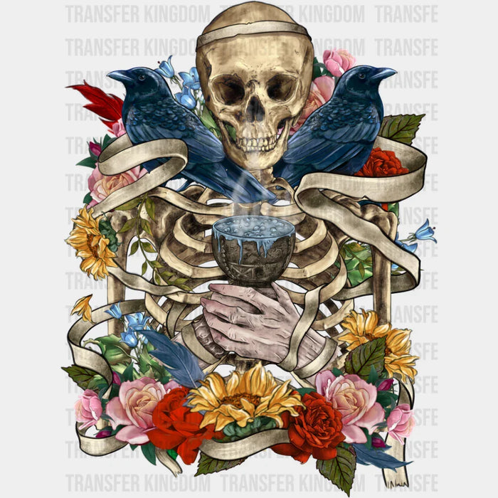 Skeleton Crows Flowers Design - Skeleton Iron On DTF Transfer