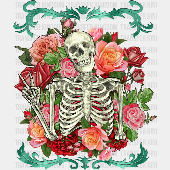 Skeleton Peace Sign Flowers Design - Skeleton Iron On DTF Transfer