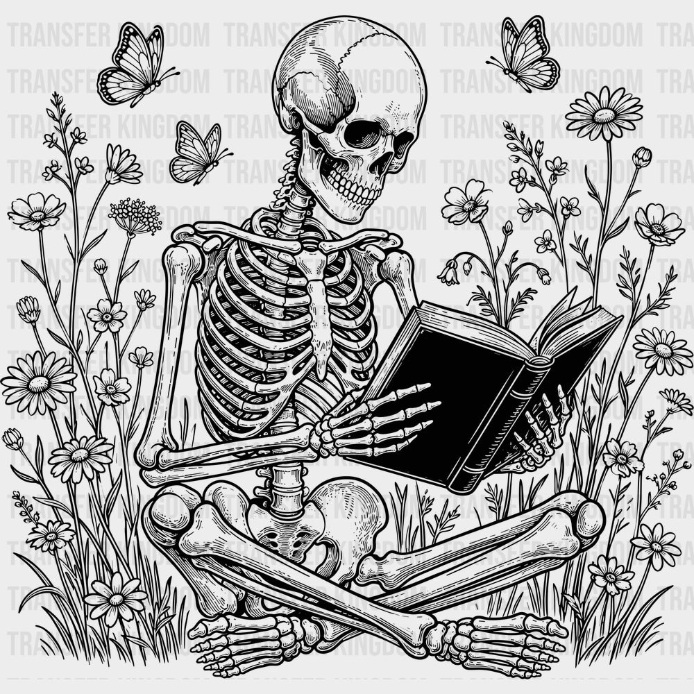 Skeleton Reading Flowers - Reading DTF Transfers - Adult Unisex - S & M (10’’) / Dark Color Design (See Imaging)
