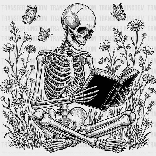 Skeleton Reading Flowers - Reading DTF Transfers - Adult Unisex - S & M (10’’) / Dark Color Design (See Imaging)