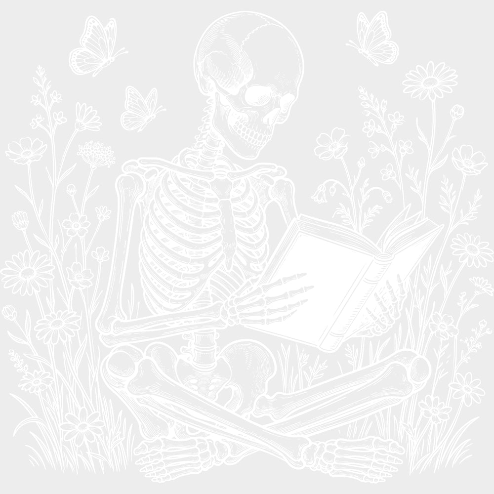 Skeleton Reading Flowers - Reading DTF Transfers - Adult Unisex - S & M (10’’) / Light Color Design (See Imaging)
