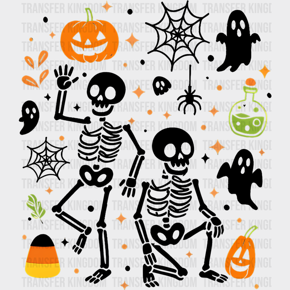 Skeletons Pumpkins Spiders Ghosts - Halloween DTF Transfer Adult – S & M (10’’) / Dark Color Design (See Imaging)