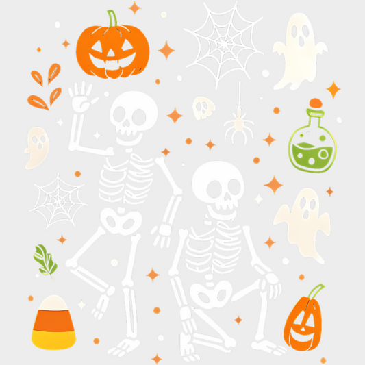 Skeletons Pumpkins Spiders Ghosts - Halloween DTF Transfer Adult – S & M (10’’) / Light Color Design (See Imaging)