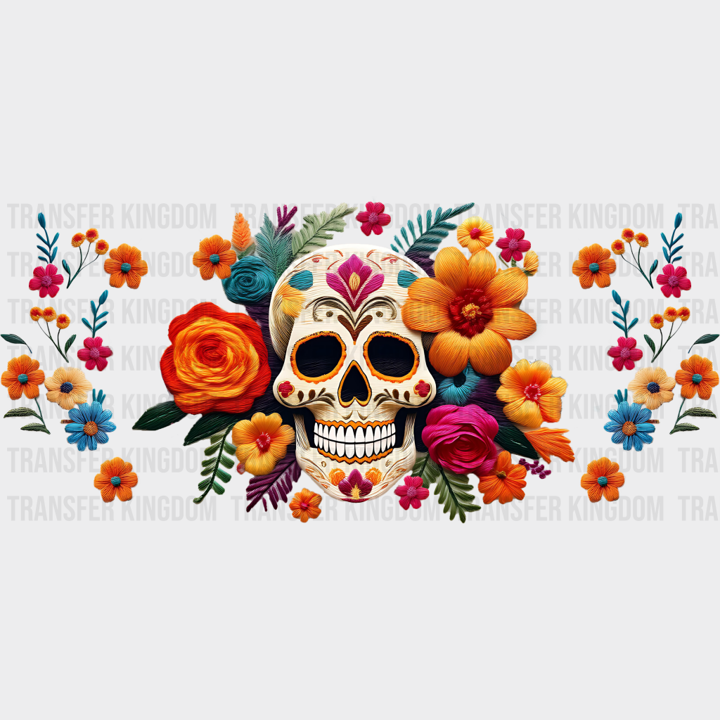 Skull And Flowers - Cinco De Mayo Cup Wrap Uv Sticker Permanent Dtf Decal