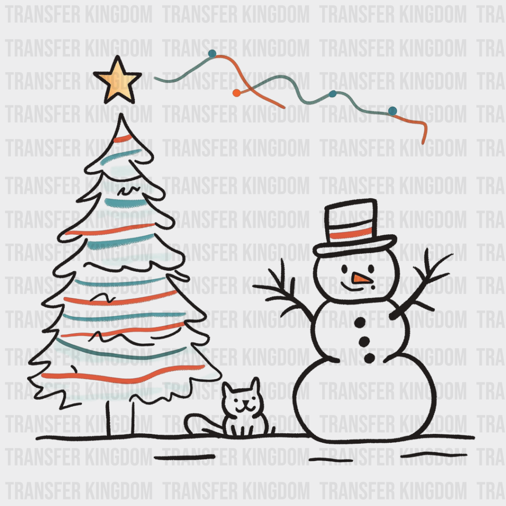 Snowman And Cat - Christmas Dtf Transfer Unisex S & M (10’’) / Dark Color Design See Imaging