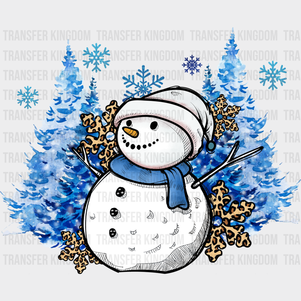 Snowman Blue Trees Design - Winter Iron On Dtf Transfer