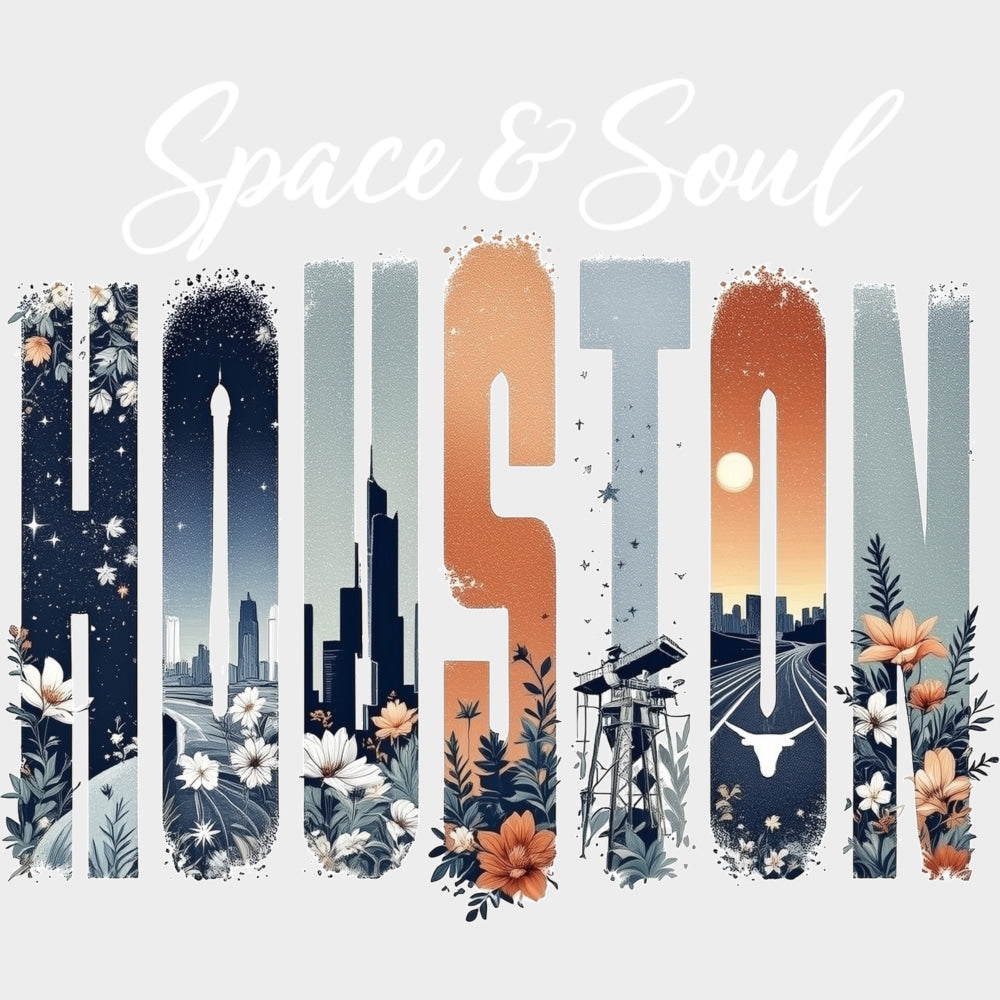 Space & Soul Houston - States & Cities DTF Transfers Adult Unisex - S & M (10’’) / Light Color Design (See Imaging)