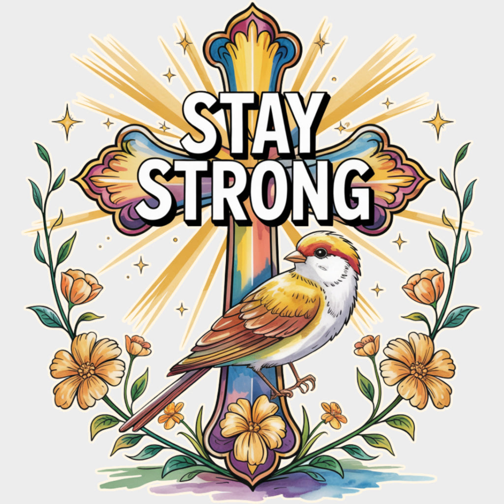Stay Strong Bird Cross Flowers - Quotes DTF Transfers Adult Unisex - S & M (10’’) / Light Color Design (See Imaging)