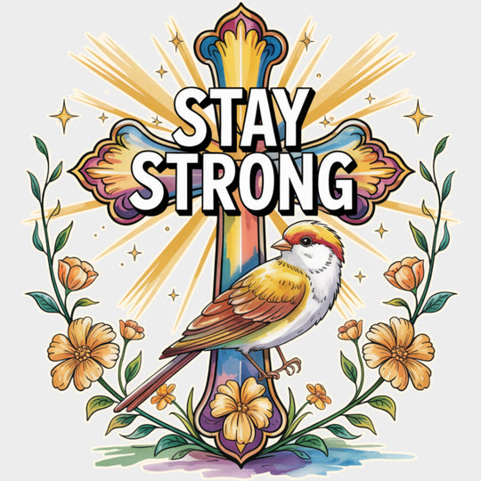 Stay Strong Bird Cross Flowers - Quotes DTF Transfers Adult Unisex - S & M (10’’) / Light Color Design (See Imaging)