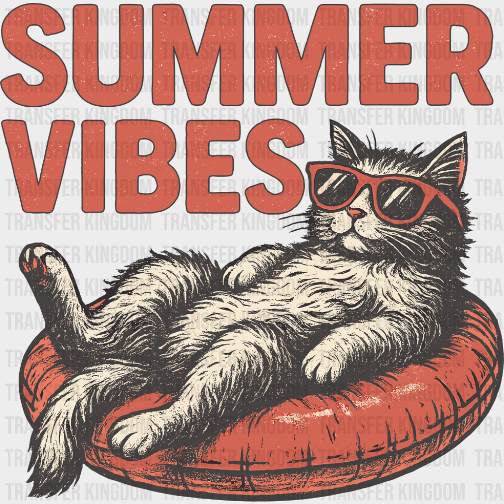 Summer Vibes Cat & Red Cushion - Summer DTF Transfer Adult Unisex - S & M (10’’) / Dark Color Design (See Imaging)