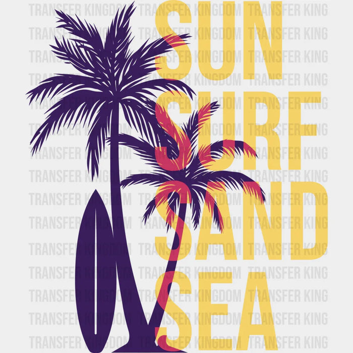 Sun Surf Sand Sea Palms Purple And Yellow Design - Surfing DTF Heat Transfer