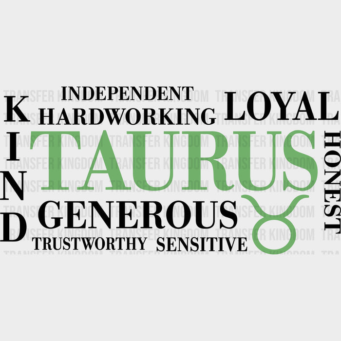 Taurus Qualities, Green, Horizontal - Zodiacs & Horoscopes DTF Transfers