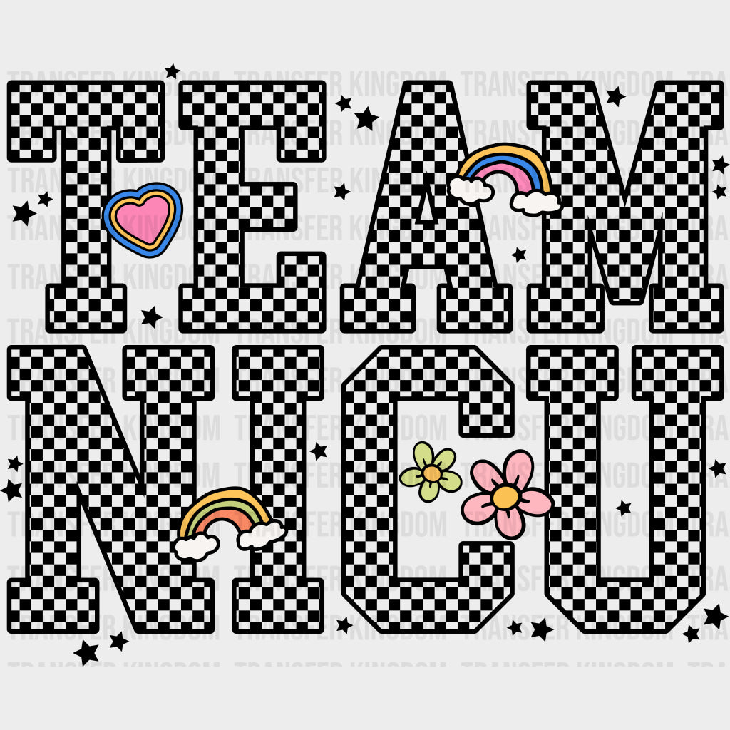 Team NICU B&W Checkered - NICU Nurse DTF Transfers Adult Unisex - S & M (10’’) / Dark Color Design (See Imaging)