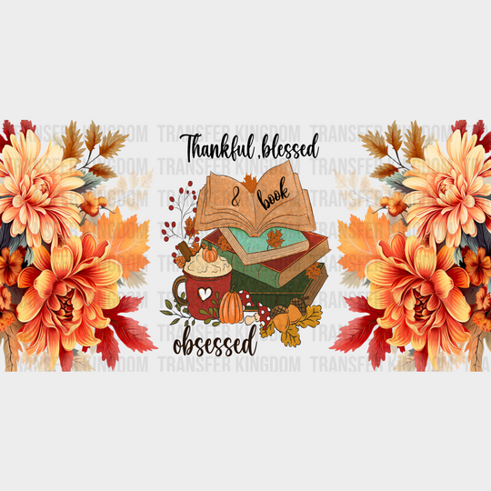 Thankful Blessed And Book - Fall Cup Wrap Uv Sticker Permanent Dtf Decal