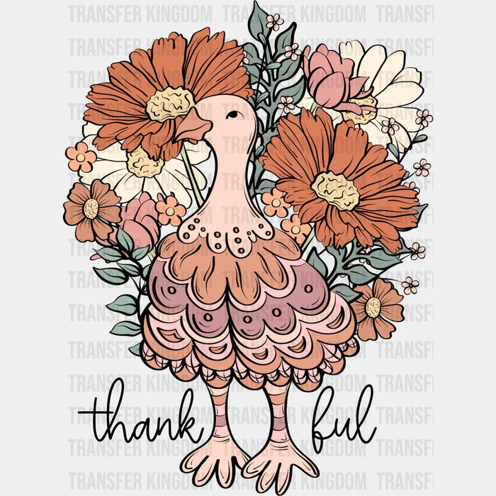 Thankful Floral Turkey Design - Thanksgiving DTF heat transfer