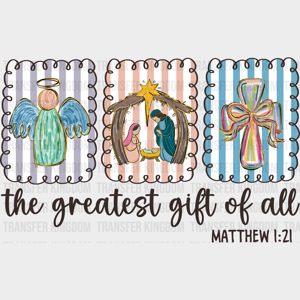 The Greatest Gift Of All B&W Matthew 1:21 - Christmas DTF Transfer Adult Unisex - S & M (10’’) / Dark Color Design (See