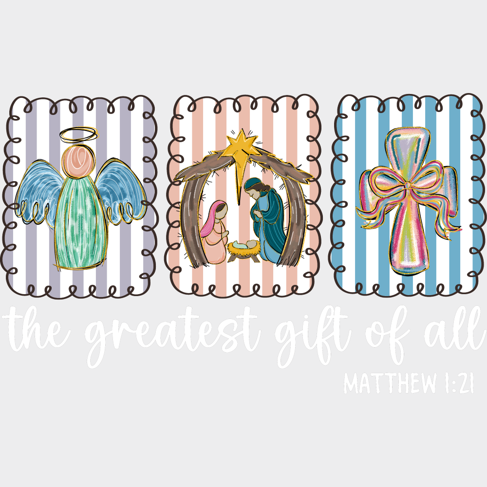 The Greatest Gift Of All B&W Matthew 1:21 - Christmas DTF Transfer Adult Unisex - S & M (10’’) / Light Color Design