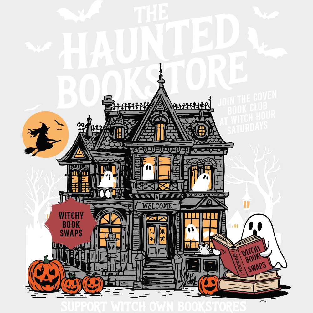 The Haunted Bookstore Halloween DTF Transfer Adult Unisex S & M (10’’) / Light Color Design (See Imaging)