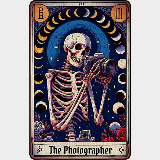 The Photographer Skeleton Tarot Card - Photography DTF Transfers Adult Unisex - S & M (10’’) / Dark Color Design (See