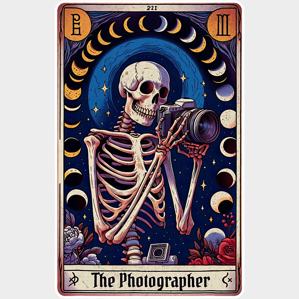 The Photographer Skeleton Tarot Card - Photography DTF Transfers Adult Unisex - S & M (10’’) / Light Color Design (See
