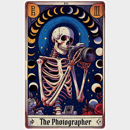 The Photographer Skeleton Tarot Card - Photography DTF Transfers Adult Unisex - S & M (10’’) / Light Color Design (See