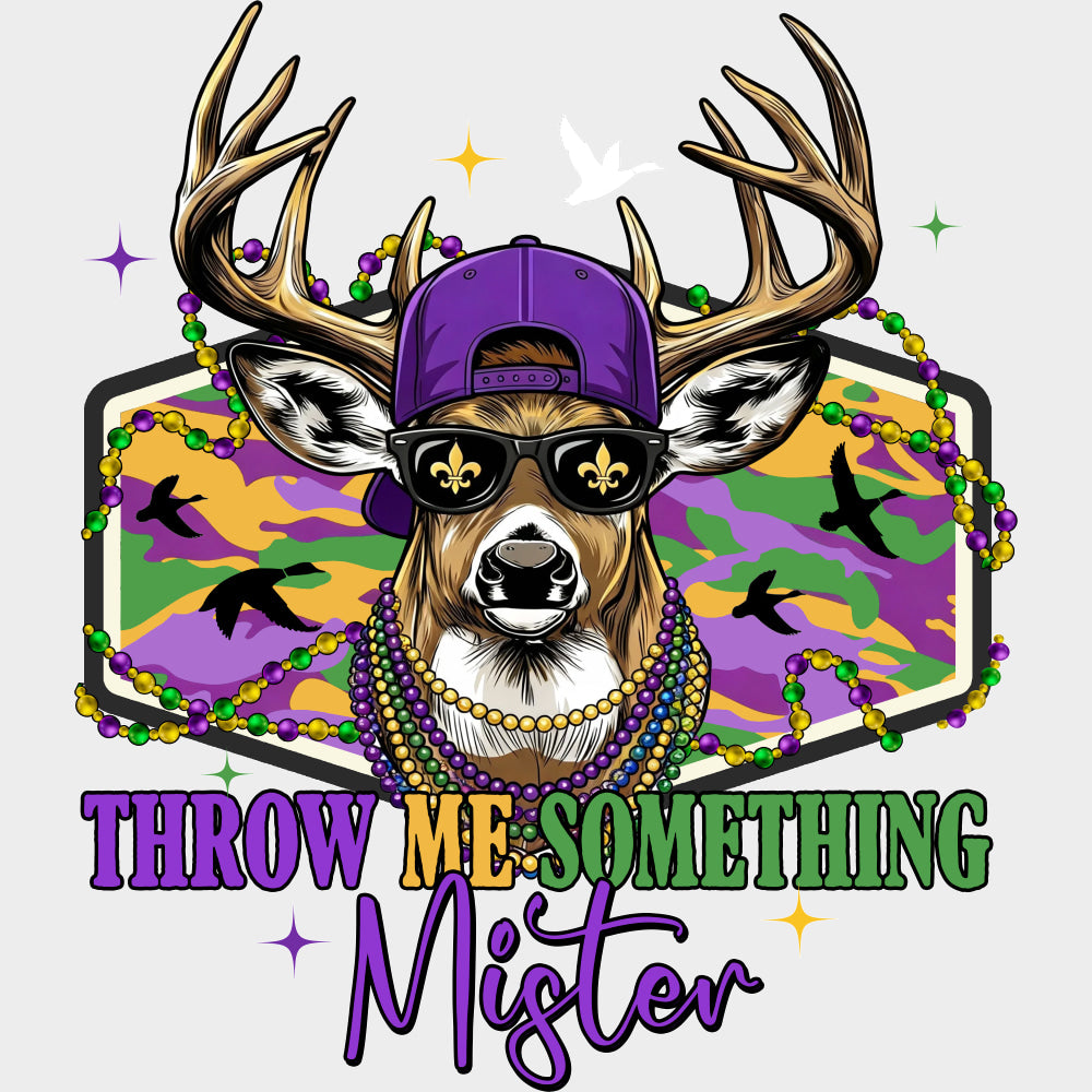 Throw Me Something Mister Deer - Mardi Gras DTF Transfers Adult Unisex - S & M (10’’) / Light Color Design (See Imaging)