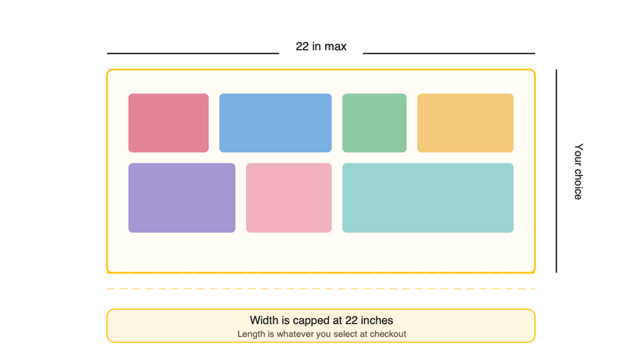 Gang sheet size guide: maximum 22 inch width with length chosen at checkout