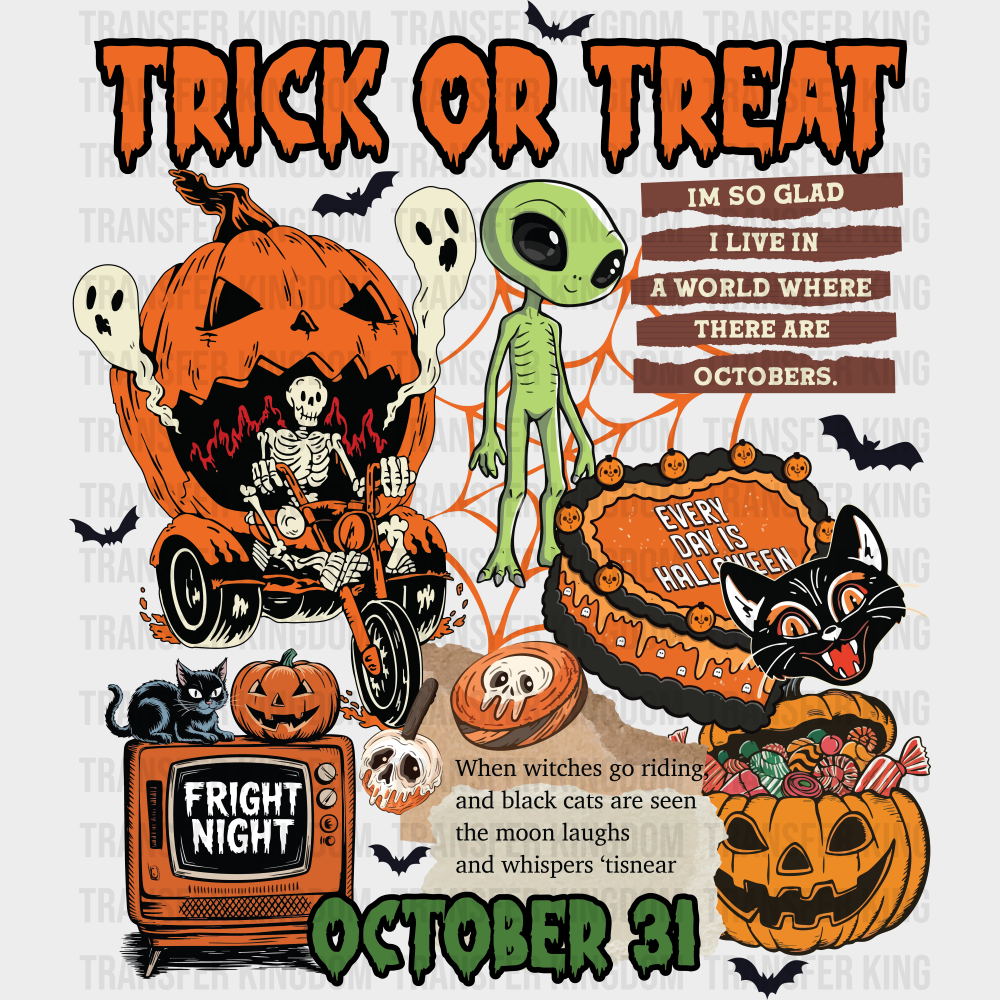 Trick Or Treat October 31 Halloween DTF Transfer Adult Unisex S & M (10’’) / Dark Color Design (See Imaging)