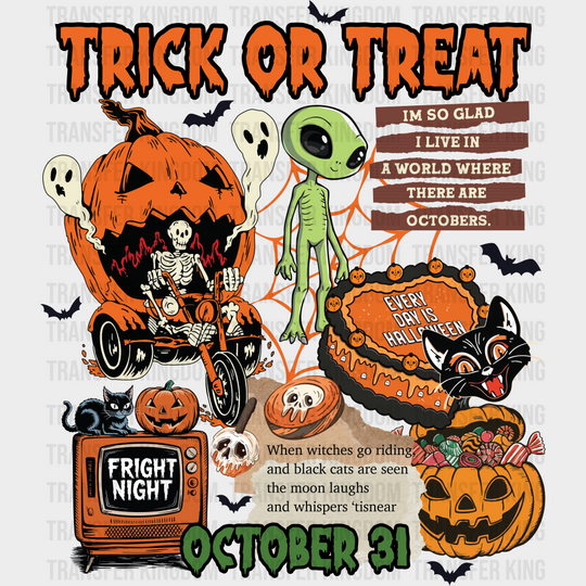 Trick Or Treat October 31 Halloween DTF Transfer Adult Unisex S & M (10’’) / Dark Color Design (See Imaging)