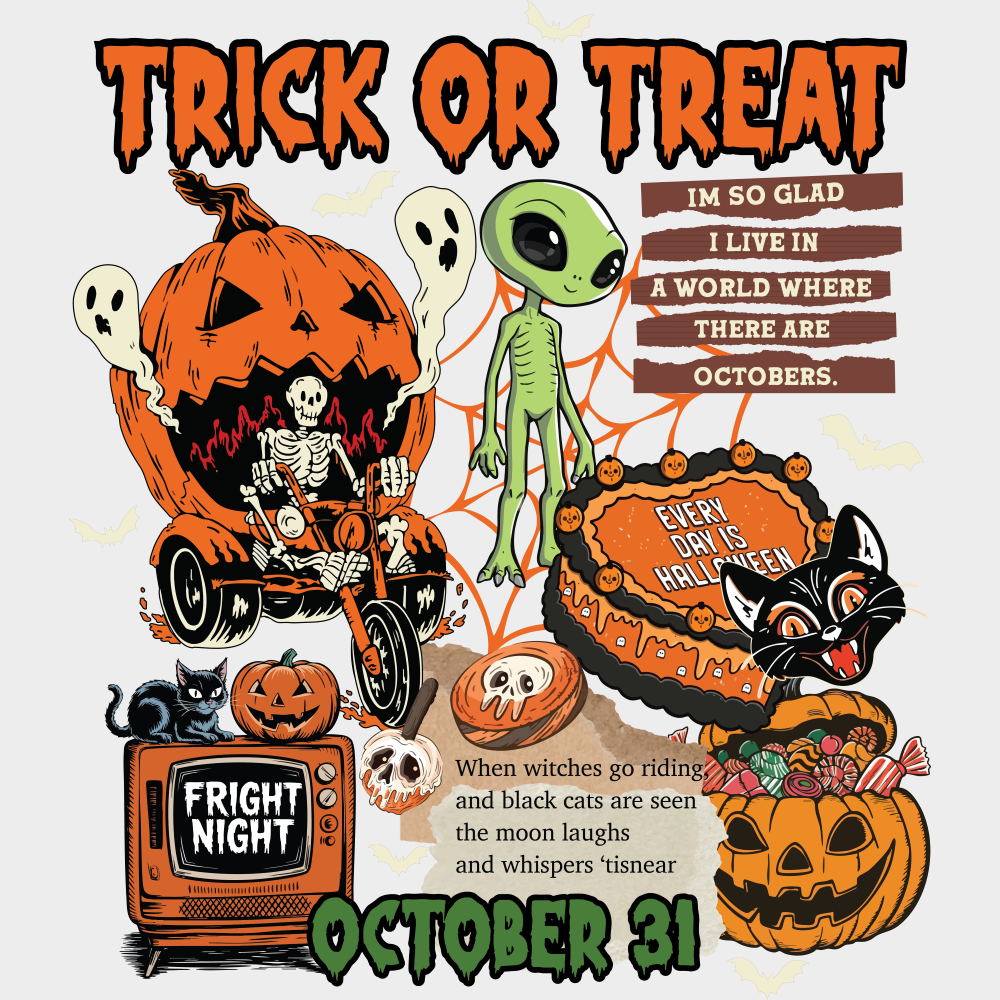 Trick Or Treat October 31 Halloween DTF Transfer Adult Unisex S & M (10’’) / Light Color Design (See Imaging)
