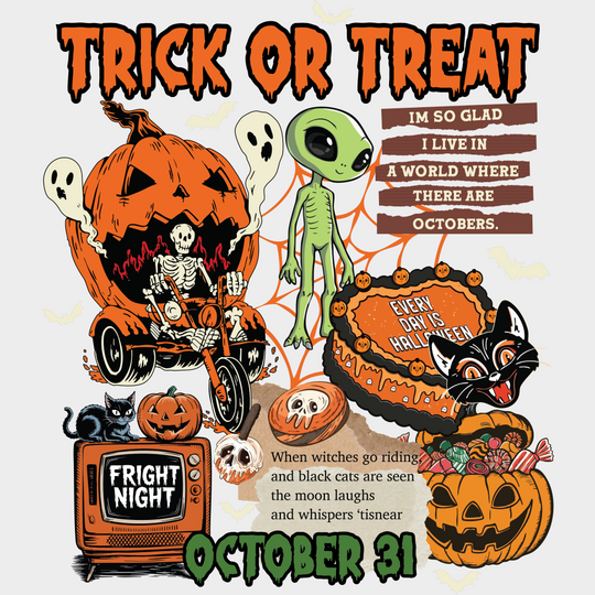 Trick Or Treat October 31 Halloween DTF Transfer Adult Unisex S & M (10’’) / Light Color Design (See Imaging)