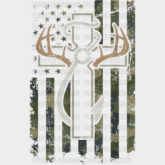 US Flag Cross Deer Antler Fish Hook - Outdoor DTF Transfer