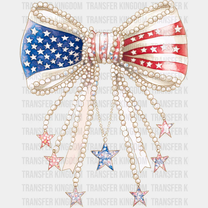 US Flag Ribbon With Pearls - 4th Of July DTF Transfer