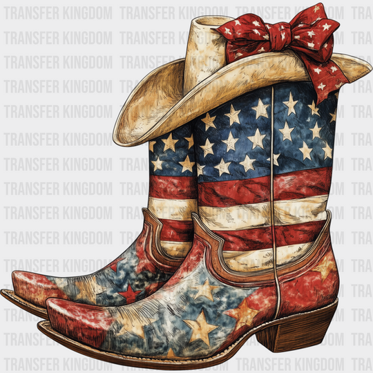 USA Flag Cowboy Boots And Hat - 4th Of July DTF Transfer