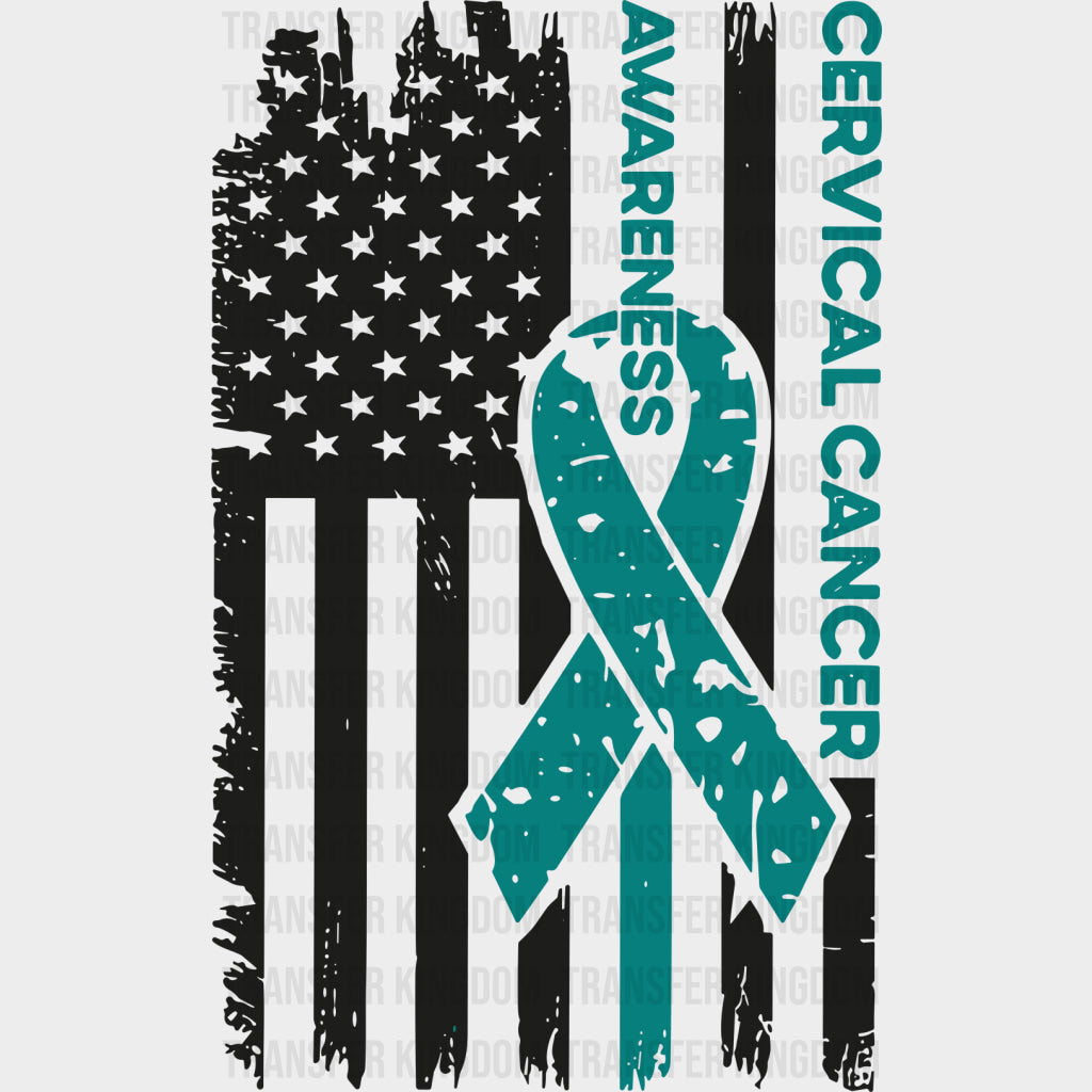 USA Flag Teal Ribbon - Cervical Cancer DTF Transfers - Adult Unisex - S & M (10’’) / Dark Color Design (See Imaging)