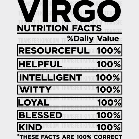 Virgo Nutrition Facts - Zodiac & Horoscopes Dtf Heat Transfer Unisex S M (10’’) / Dark Color