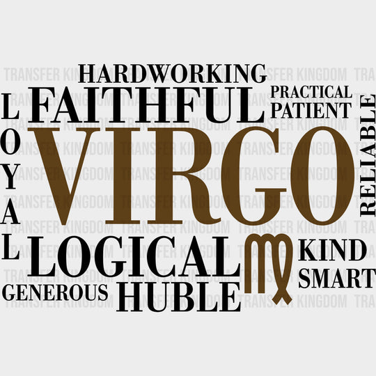 Virgo Qualities Brown Horizontal - Zodiacs & Horoscopes DTF Transfers - Adult Unisex - S & M (10’’) / Dark Color Design